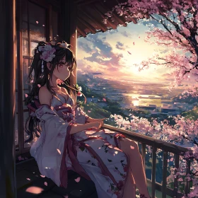Serene Anime Girl in Floral Kimono on Balcony at Sunset