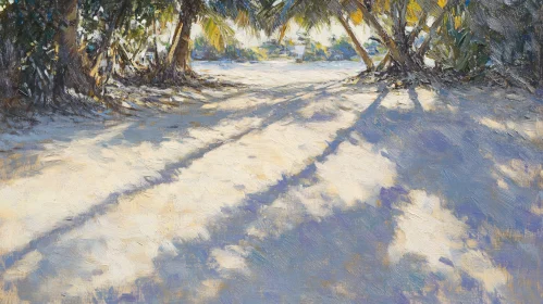 Sunlit Beach with Trees and Shadows