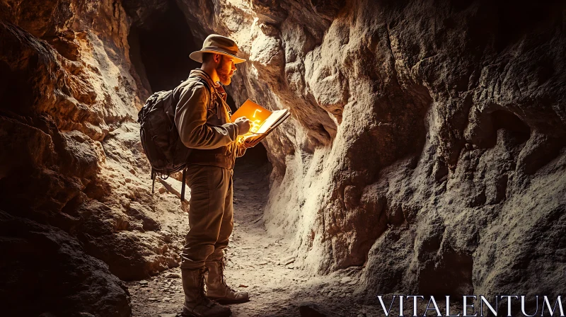 Cave Explorer Reading Glowing Manuscript