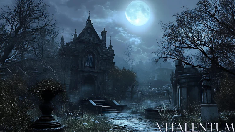 Moonlit Gothic Architecture in Cemetery