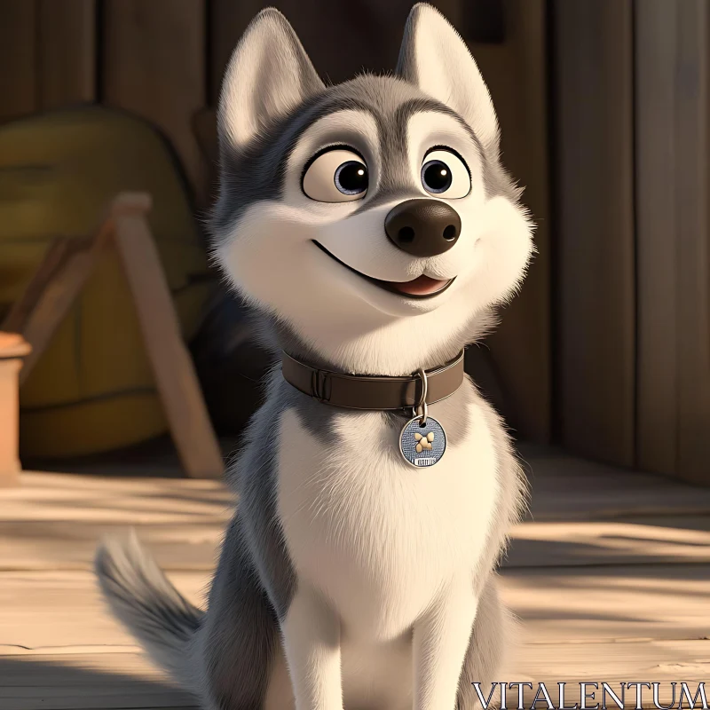 Cute Cartoon Husky with Expressive Eyes and Collar