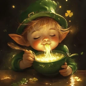 Whimsical Leprechaun with Glowing Soup