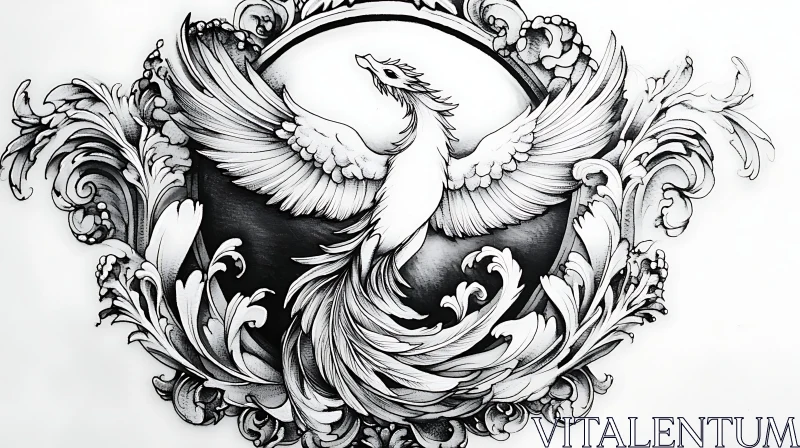 Monochrome Phoenix Illustration with Decorative Elements