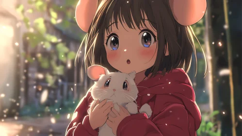 Cute Anime Girl and Hamster in Magical Forest