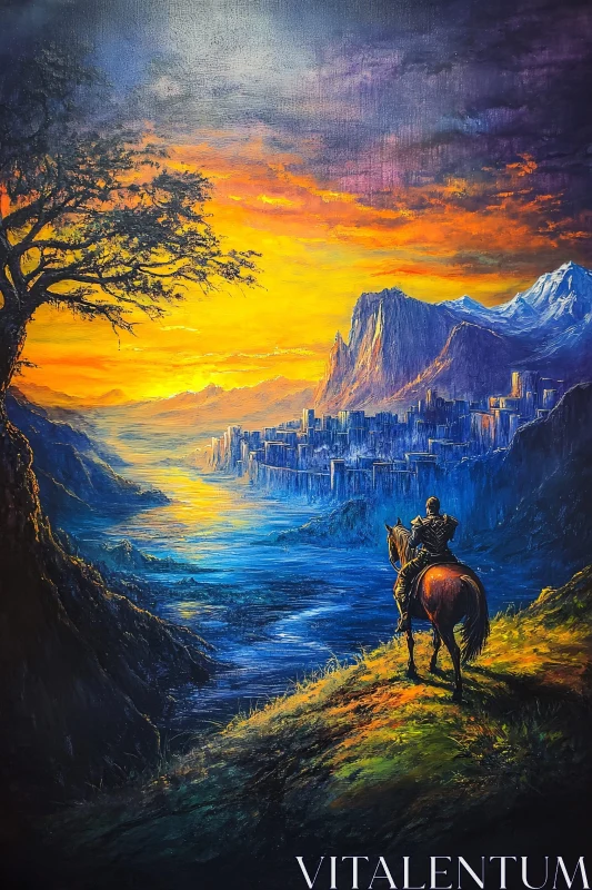 Lone Rider at Sunset Overlooking City
