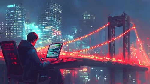 Night Coding Under Neon Bridge