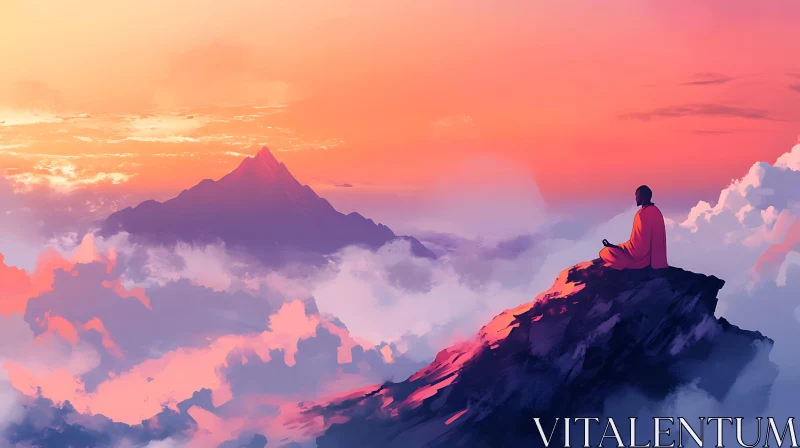 Meditative Figure at Mountain Peak AI Image