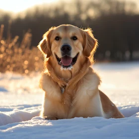Happy Golden Retriever in Winter Landscape