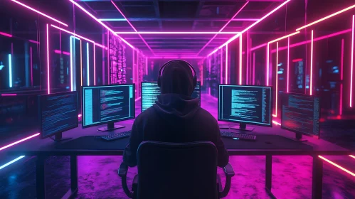 Coding in Neon Lit Cyberpunk Room