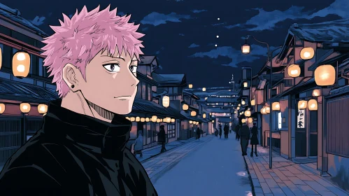 Anime Figure with Pink Hair in a Traditional Japanese Night Scene