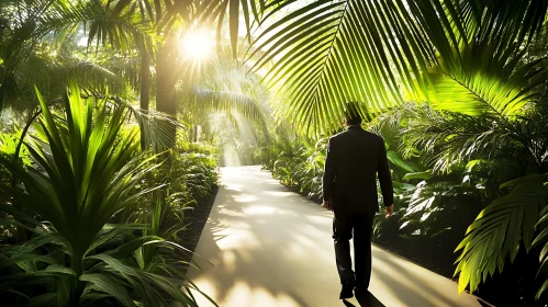 Man Walking in Tropical Garden