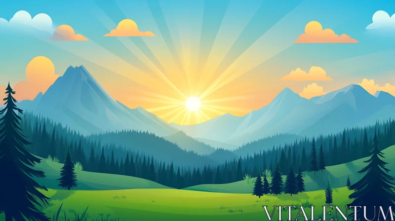 AI ART Scenic Mountain Landscape with Sunlight