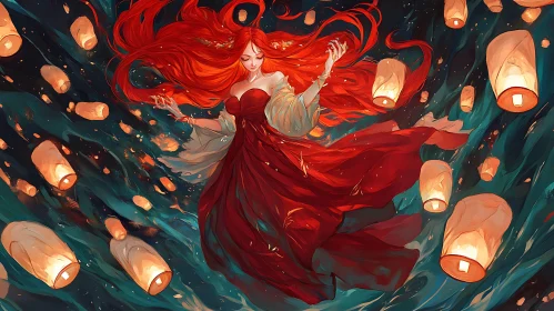Floating Lanterns and a Woman in Red