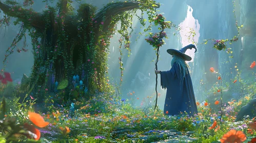 Mystical Wizard in Blooming Meadow