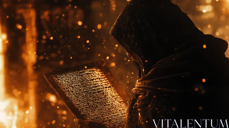 Enigmatic Figure with Illuminated Tome AI Image
