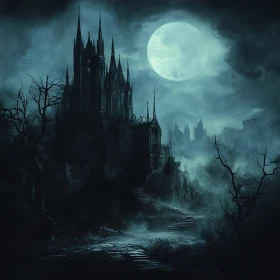 Moonlit Gothic Castle in Misty Landscape