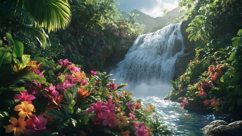 Tropical Paradise: Waterfall and Lush Floral Landscape