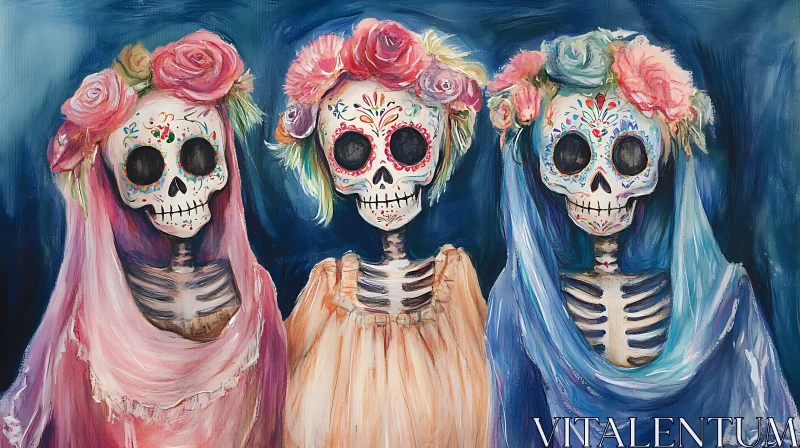 Three Floral Skeletons Painting AI Image