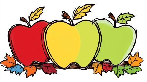 Three Apples on a Branch with Autumnal Foliage