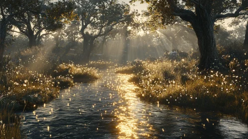 Golden Sunlight on Tranquil River in the Forest