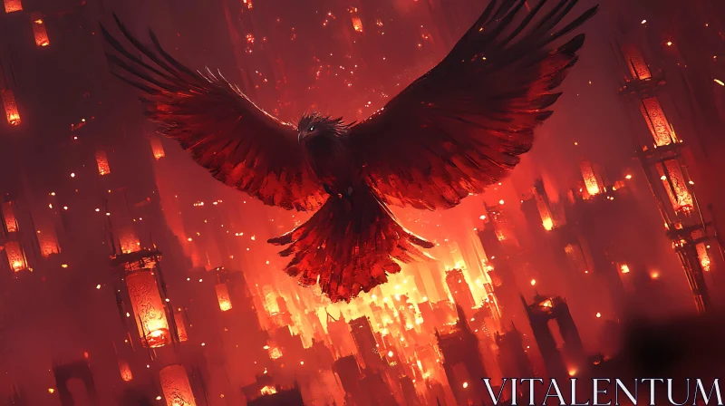 Fiery Bird Over Red City Art AI Image