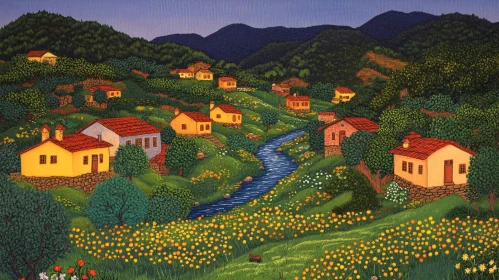 Idyllic Village Landscape with Flowing River