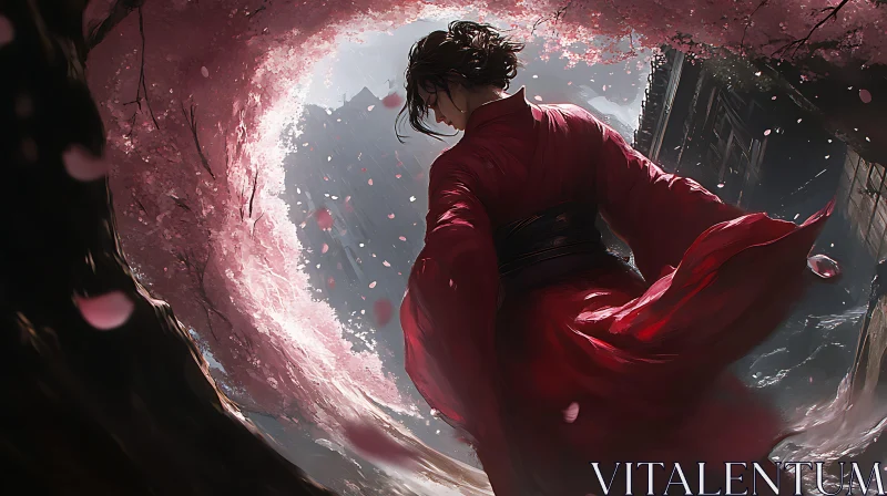 Woman in Red Kimono Under Cherry Blossoms AI Image