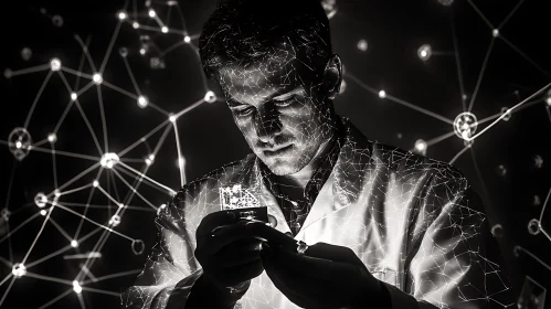 Future Tech: Man Inspecting Microchip Network