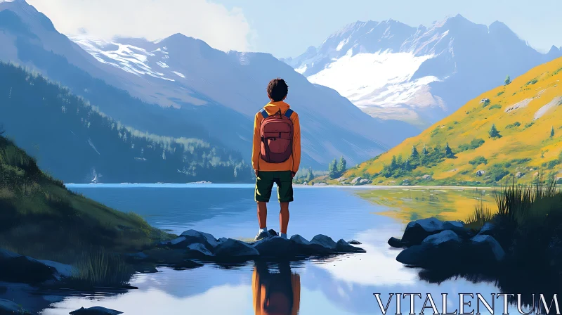AI ART Hiker at Mountain Lake