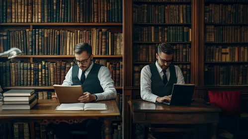 Man Studying in Classic Library Setting