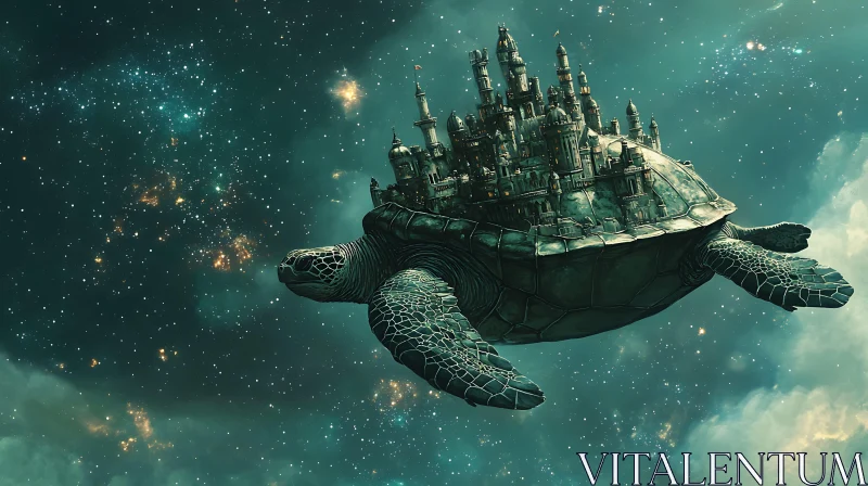 Floating Castle Turtle in Starry Sky