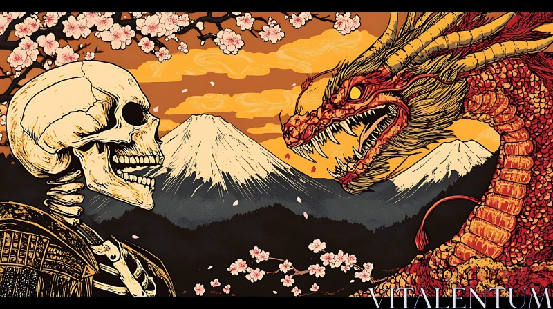Dragon and Skeleton in Sakura Landscape