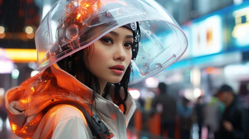 Futuristic Fashion: Woman in Rainproof Dress Walking Through City Streets
