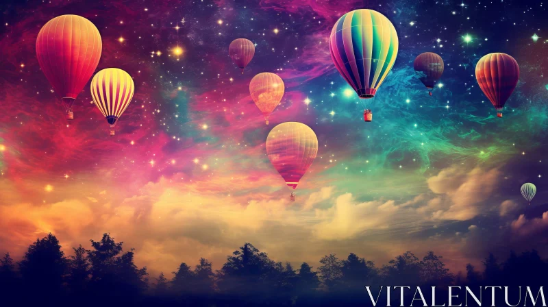Surreal Hot Air Balloons Ascending into Starry Sky AI Image