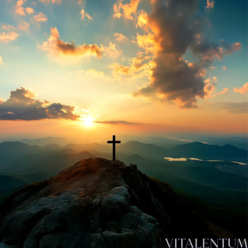 AI ART Mountain Top Cross at Golden Hour