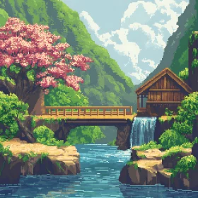 Serene Pixel Art Scene: Cottage and Cherry Blossoms