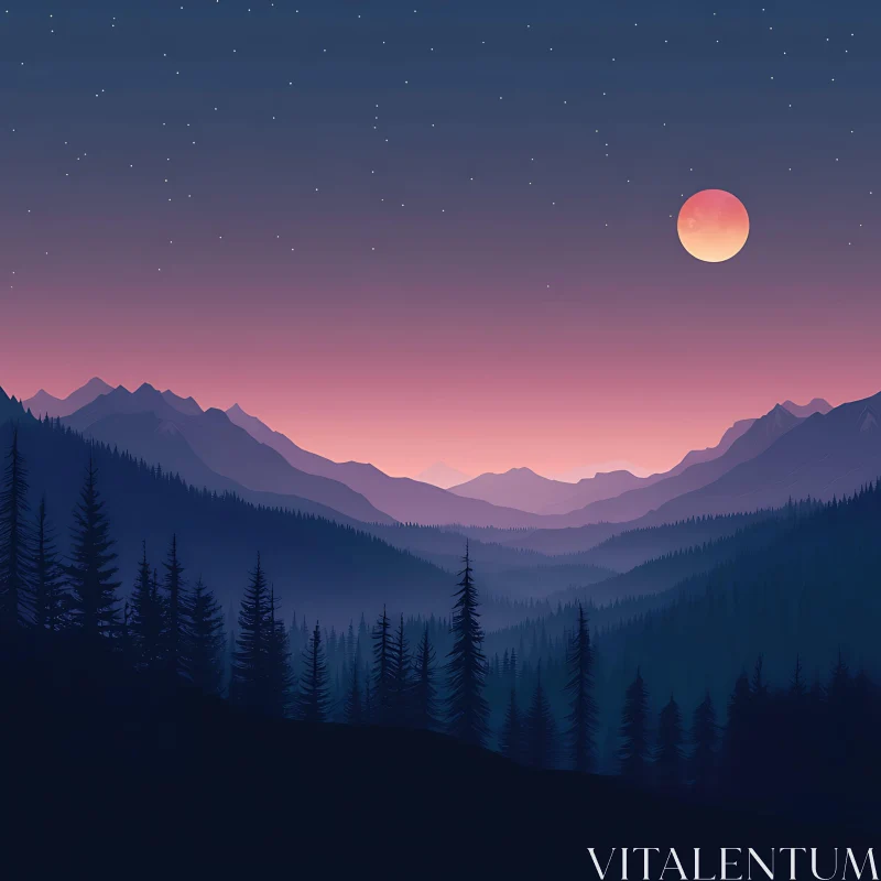 Serene Night Over Mountain Forest AI Image