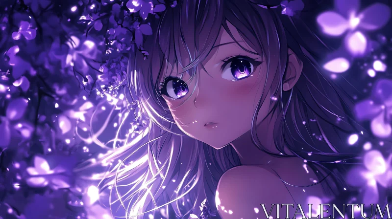 Ethereal Anime Girl amidst Glowing Purple Flowers AI Image