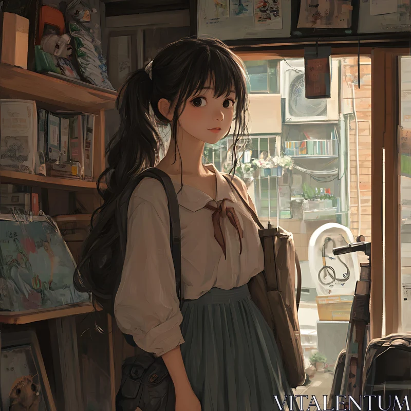 Young Anime Girl in a Warmly Lit Library AI Image