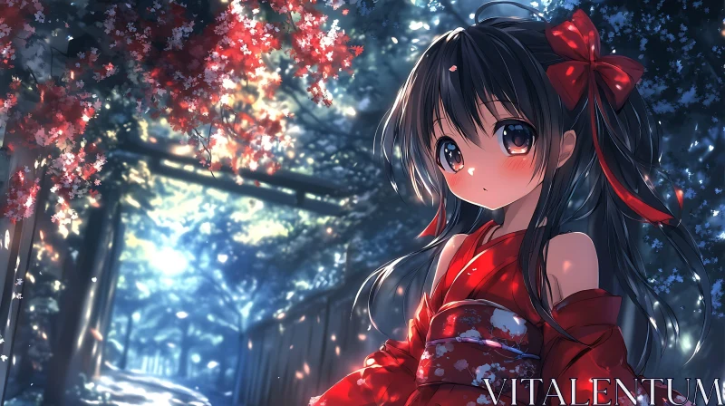 Enchanting Anime Girl in Red Kimono with Cherry Blossoms AI Image