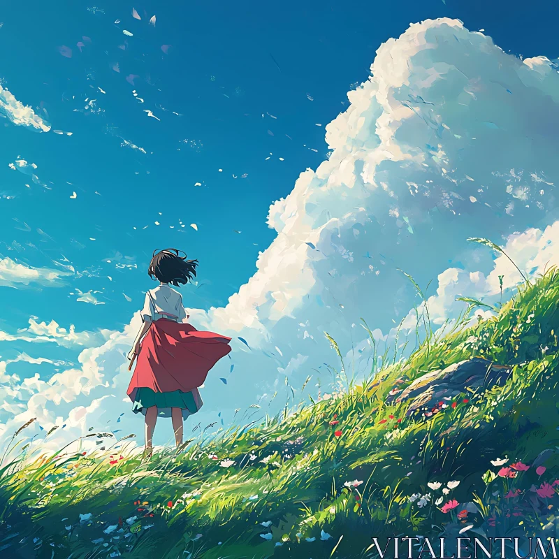 A Girl Admiring the Open Sky from a Grassy Hill AI Image