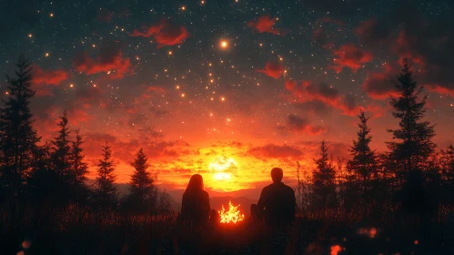 Romantic Campfire at Sunset in the Wilderness