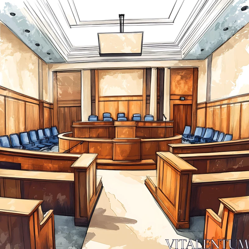 Empty Legal Courtroom with Wooden Furniture AI Image