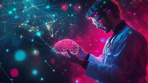 Doctor Holding a Glowing Brain Illustration
