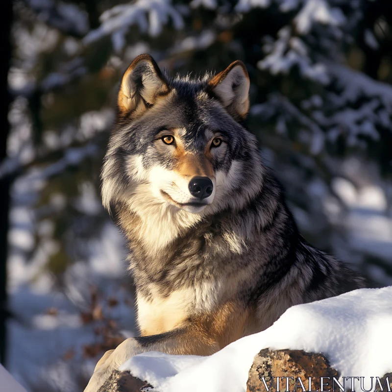 AI ART Winter Wolf on Snowy Rock