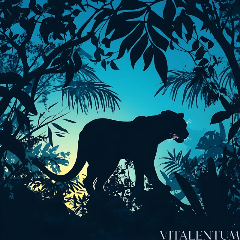 Big Cat Silhouette Among Jungle Leaves AI Image