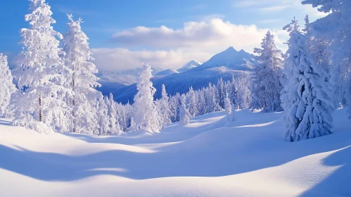 Snowy Mountain Scene with Sunlight