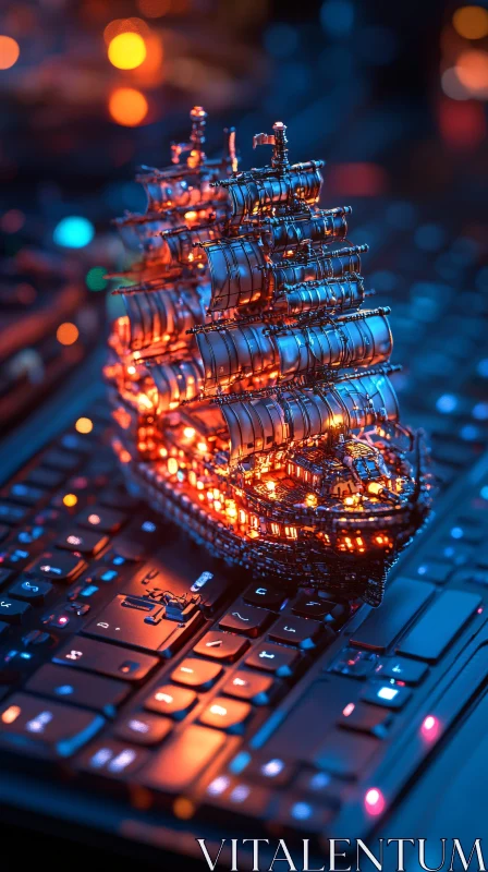 AI ART Model Ship on a Lighted Keyboard