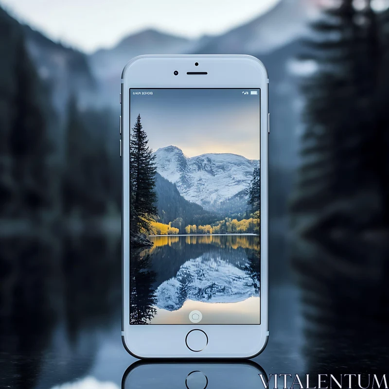 iPhone Displaying Mountain Lake Scene AI Image