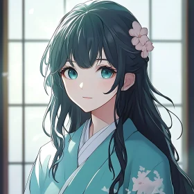 Serene Anime Girl with Flower Adorned Hair